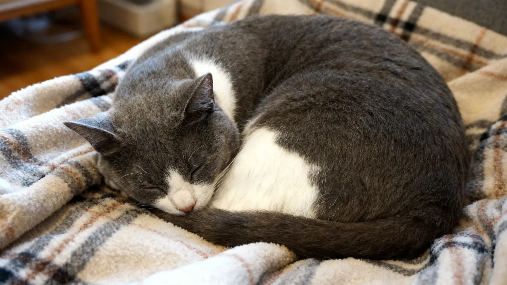 A gray and white domestic cat sleeping curled up on a soft plaid blanket