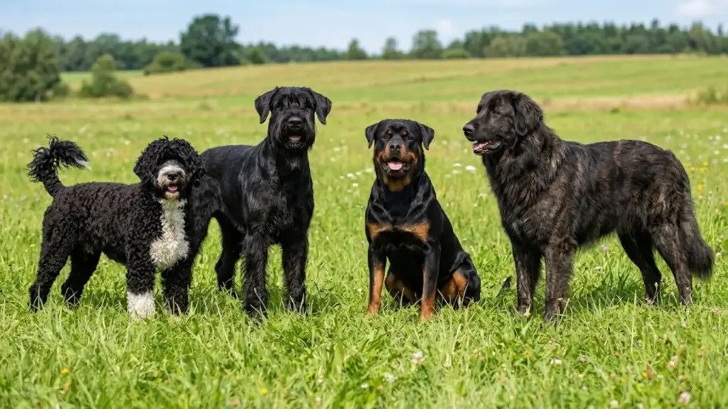 A group of large black dog breeds, including a Rottweiler and Giant Schnauzer, standing together in a grassy field