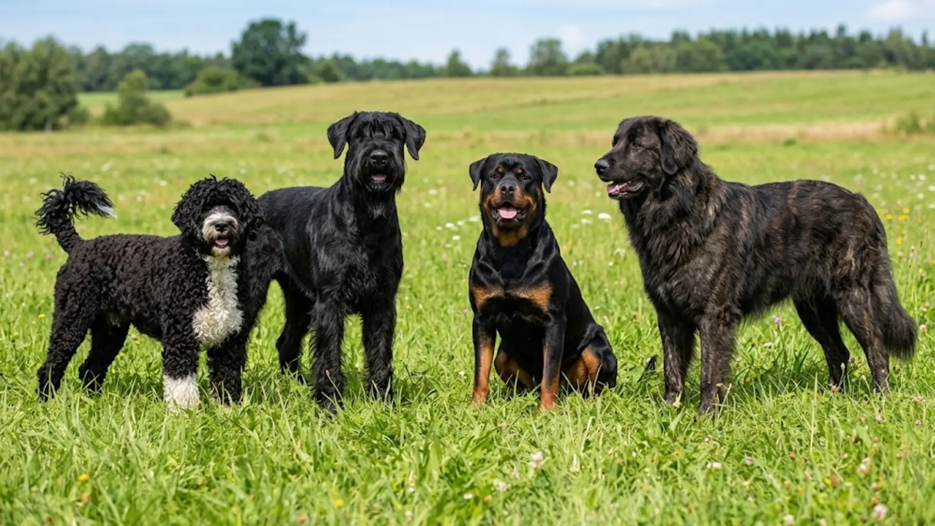 A group of large black dog breeds, including a Rottweiler and Giant Schnauzer, standing together in a grassy field