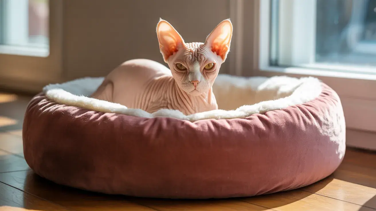 A hairless Sphynx cat lounges in a pink plush bed, bathed in warm sunlight from a window. The setting is cozy, evoking tranquility and relaxation