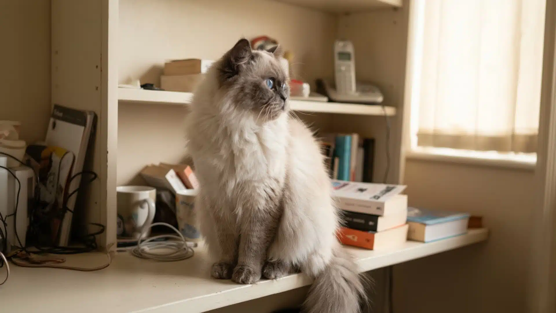 A himalayan cat with blue eyes sits on a cream-colored rug in a living room