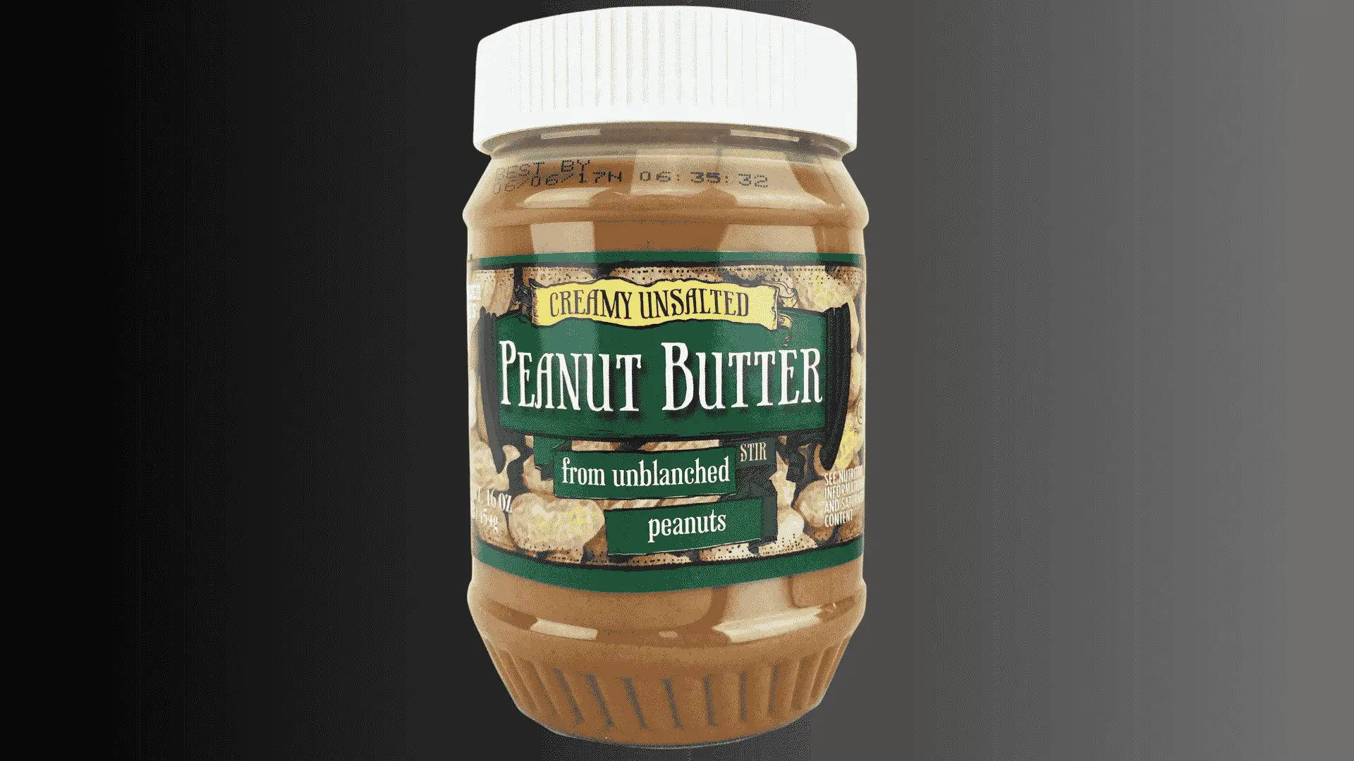 A jar of creamy unsalted peanut butter with a white lid