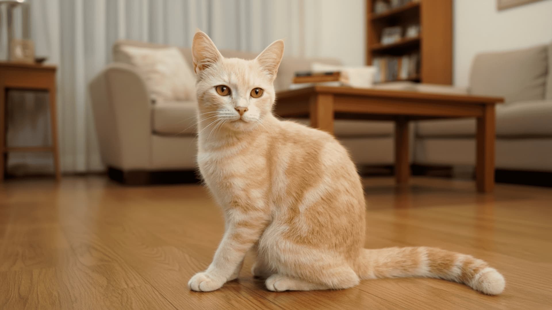 A javanese cat sits on a floor in a cozy, living room