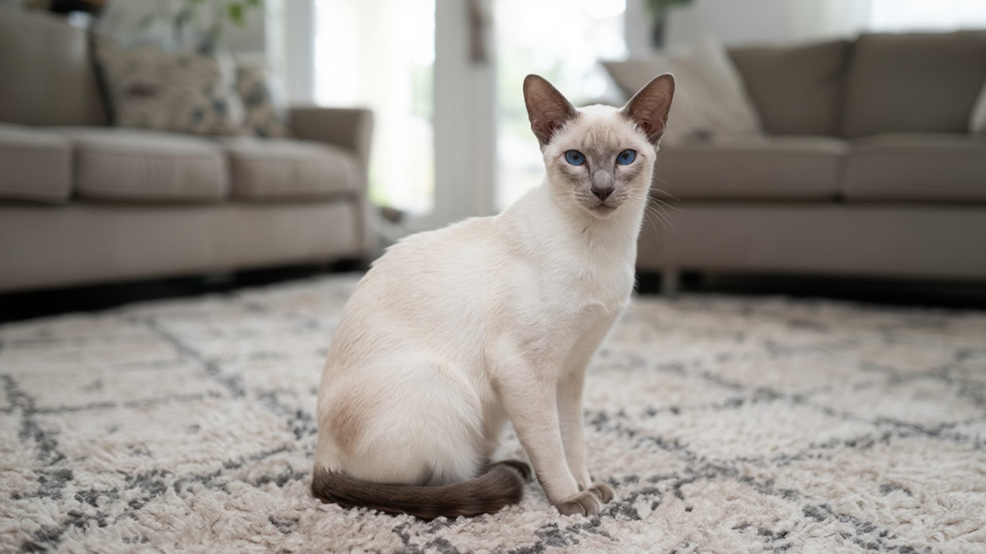 A javanese cat with blue eyes sits on a cream-colored rug in a living room