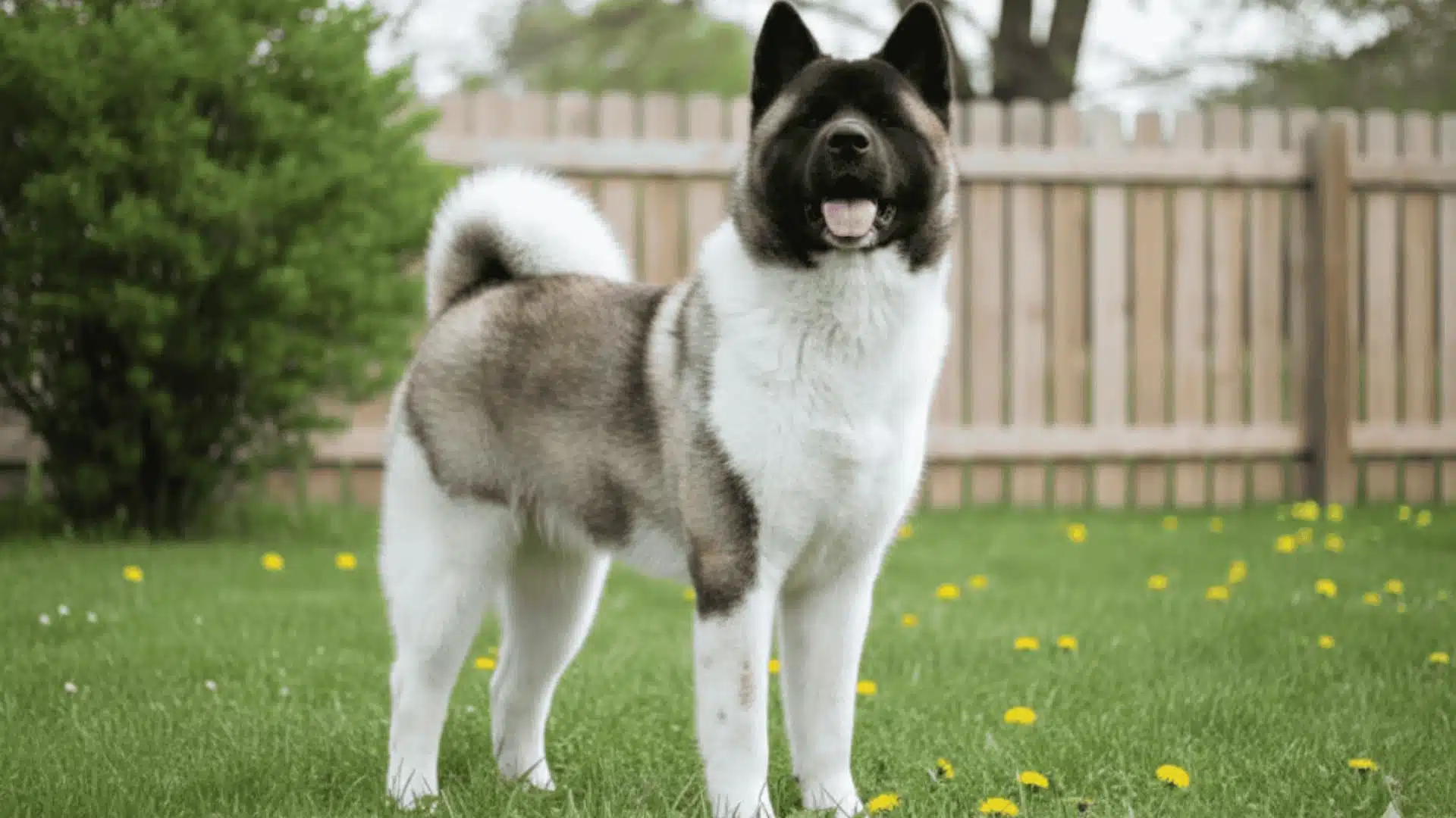A large Akita Dog standing on a green lawn with a wooden fence