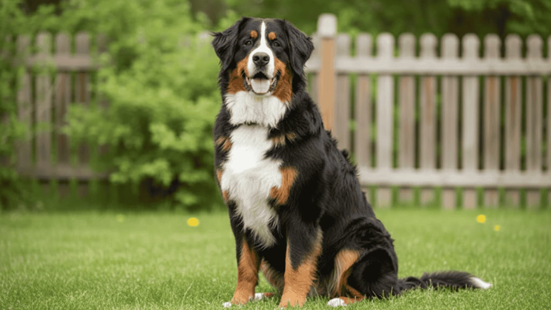 A large Bernese Mountain Dog sitting on a green lawn with a wooden fence