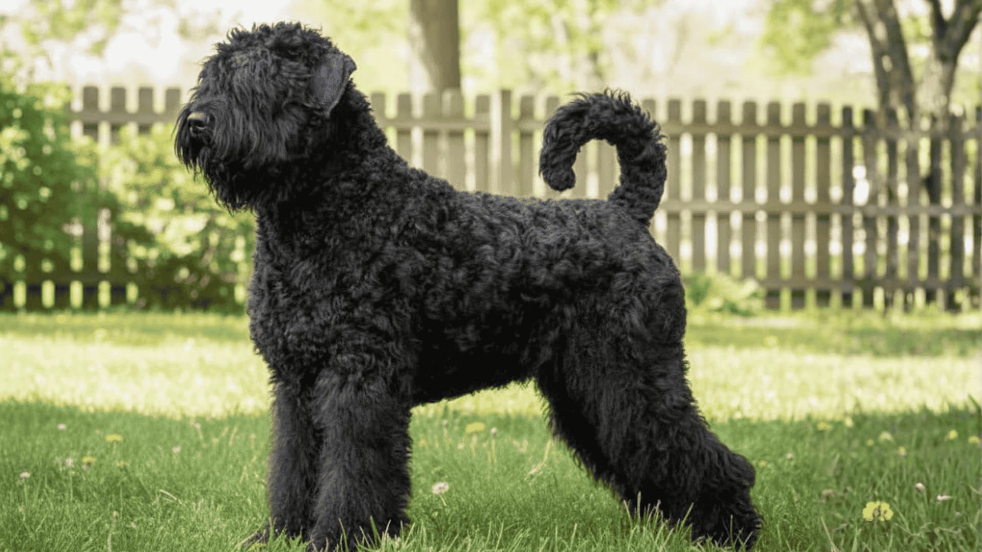 A large Black Russian Terrier Dog standing on a green lawn with a wooden fence