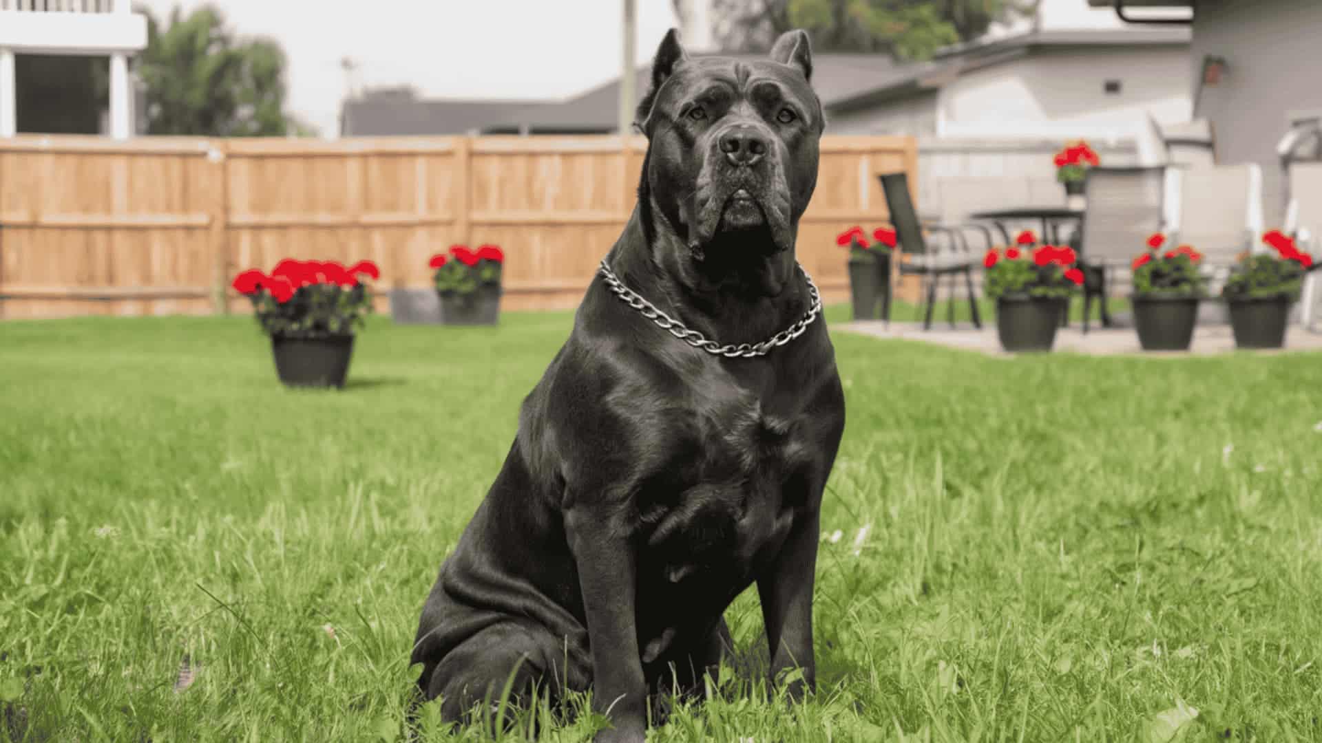A large Cane Corso dog sitting on a green lawn with a wooden fence.