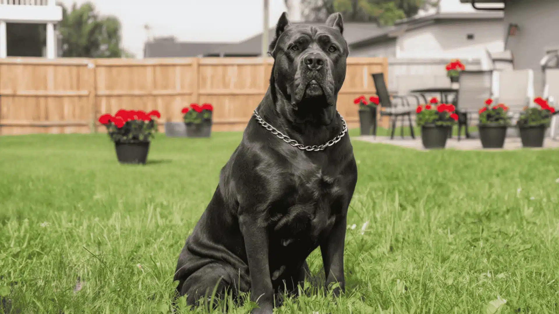 A large Cane Corso dog sitting on a green lawn with a wooden fence.