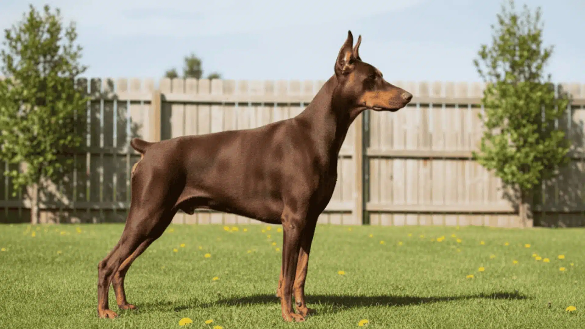 A large Doberman Pinscher Dog standing on a green lawn with a wooden fence
