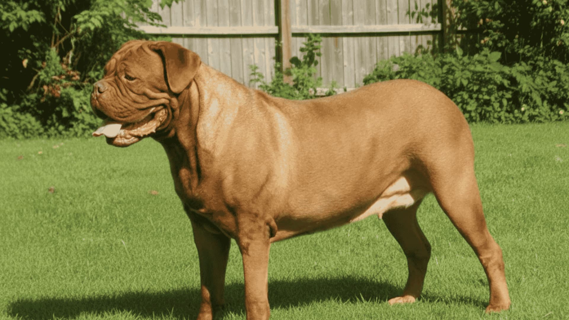 A large Dogue de Bordeaux dog standing on a green lawn with a wooden fence