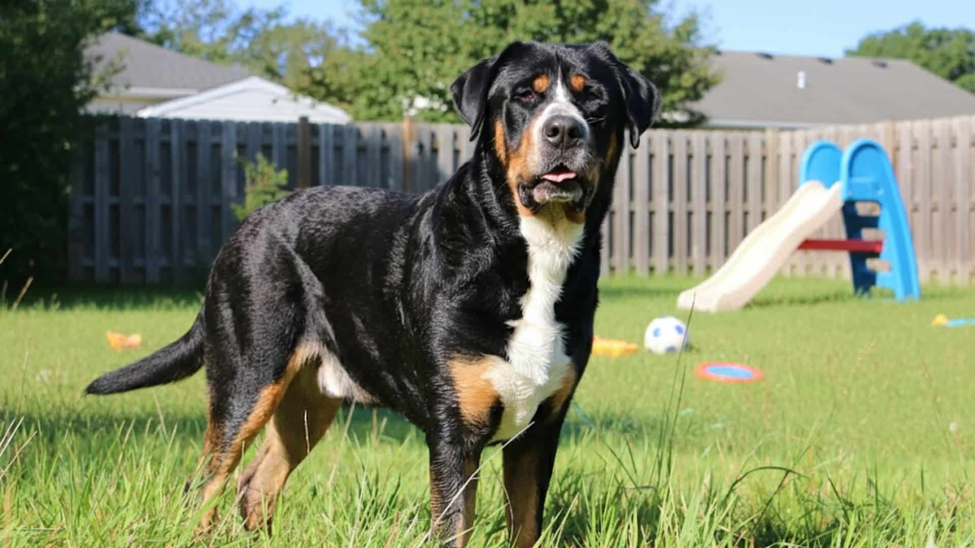 A large Greater Swiss Mountain Dog standing in a grassy backyard with a slide
