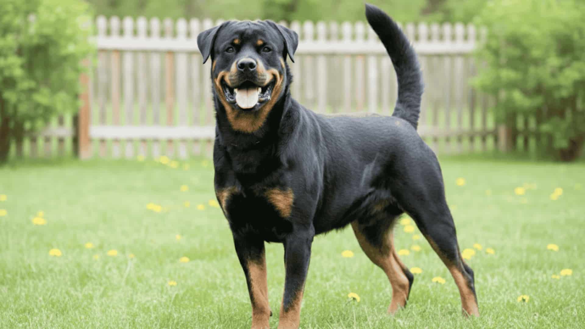 A large Rottweiler Dog sitting on a green lawn with a wooden fence (1)