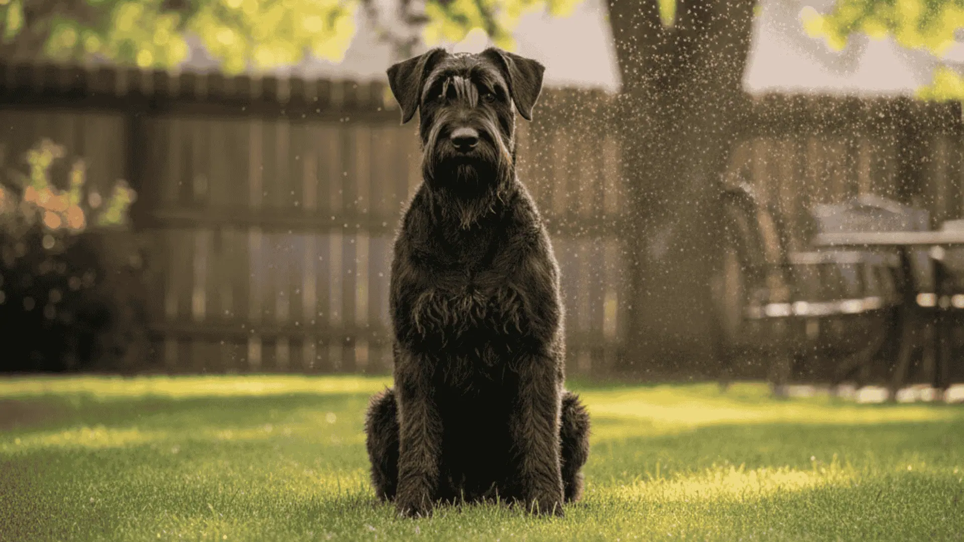 A large black Giant Schnauzer sitting obediently on the lawn in a backyard