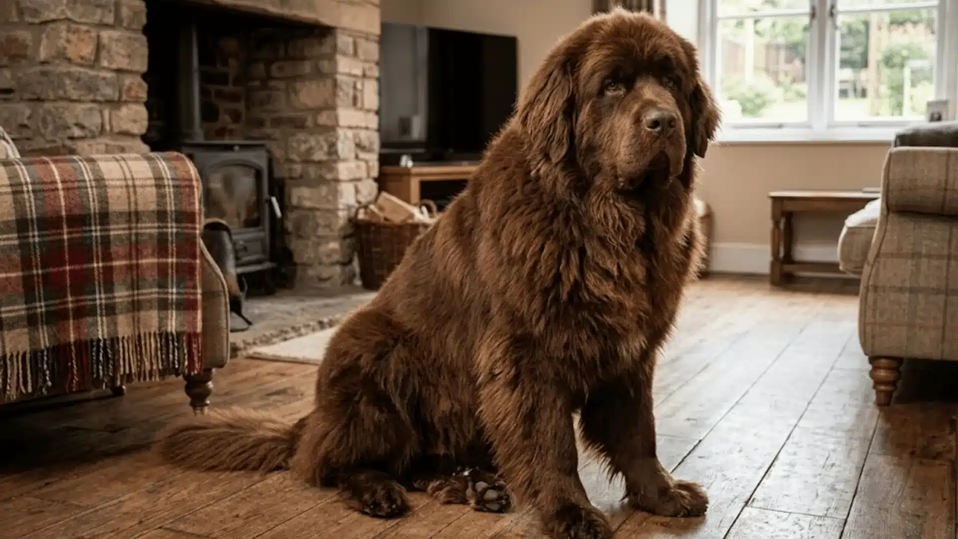 A large, chocolate-brown Newfoundland dog sits calmly on a wooden floor in a cozy living room by a fireplace
