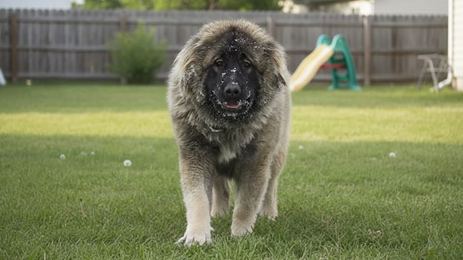 A large, fluffy Caucasian Shepherd dog walks across a green lawn in a suburban backyard