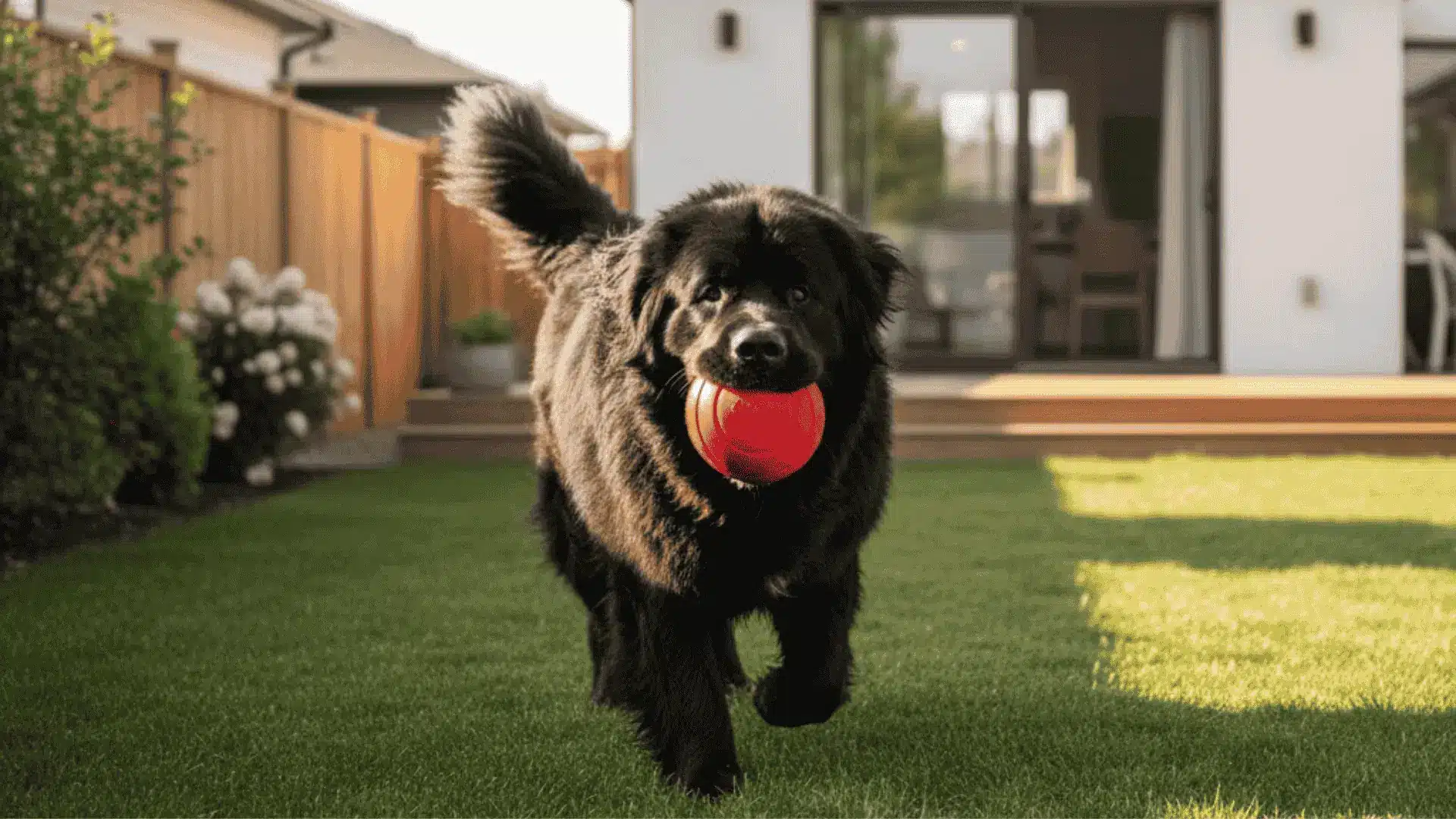 A large, fluffy black Newfoundland dog running toward the camera in a backyard with a red ball in its mouth