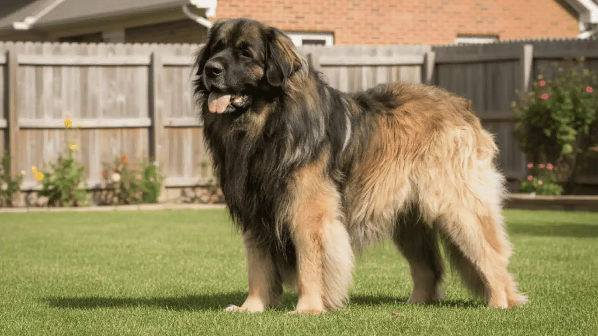 A large, long-haired Leonberger dog standing on a green lawn in a fenced backyard