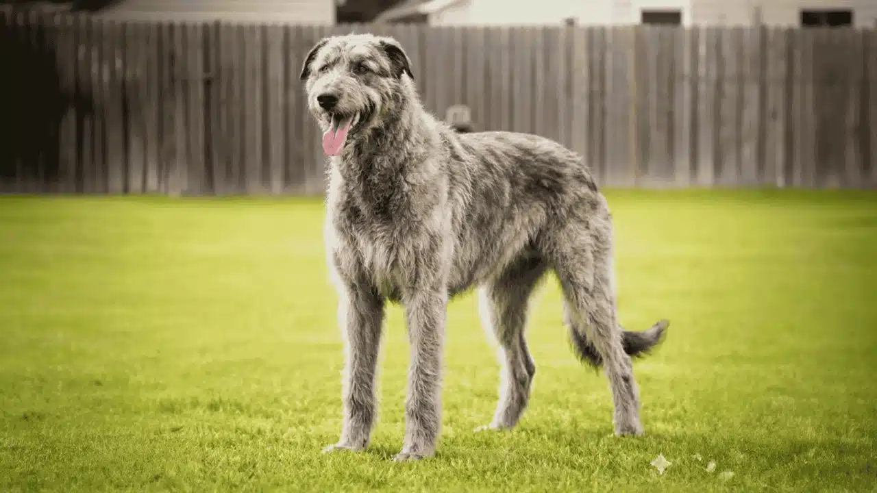 Gemini said A large, shaggy grey Irish Wolfhound standing alert on a bright green grass field - 1