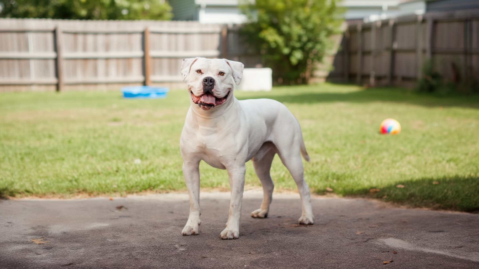 A large white dog standing on a patio with a grassy backyard background