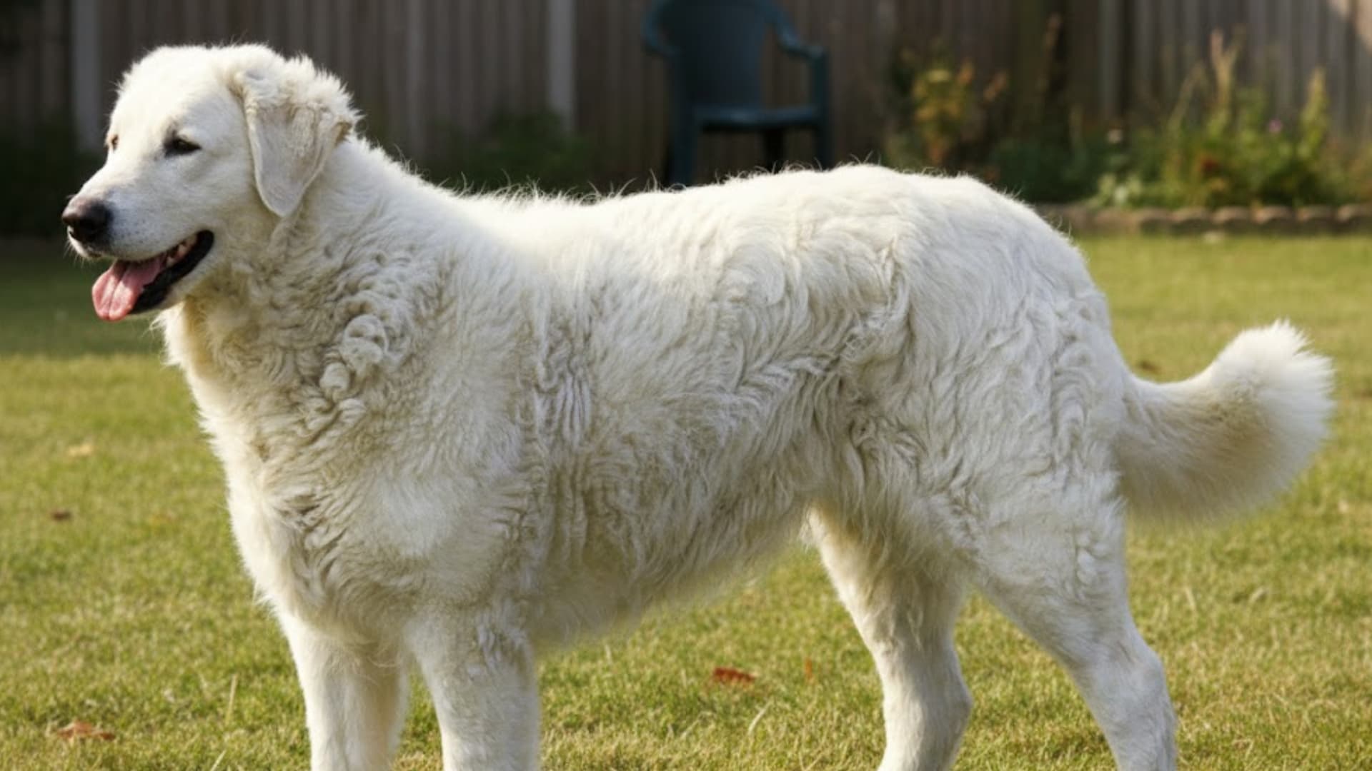 A large, white, fluffy dog stands on a green lawn in a backyard
