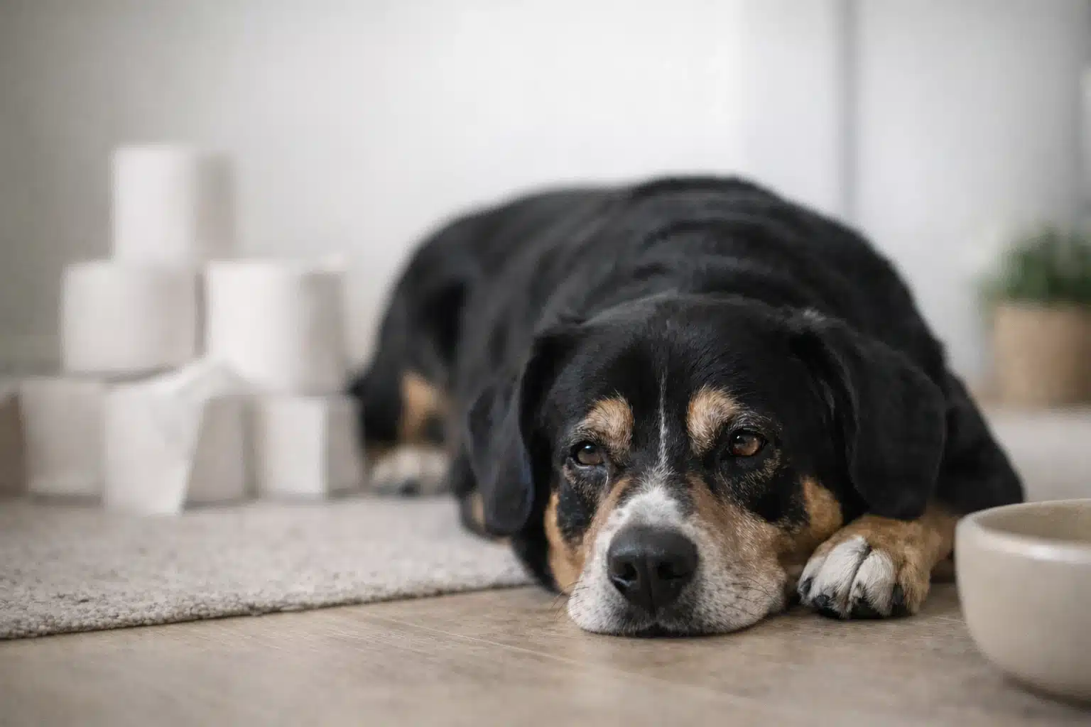 A lethargic black and tan dog lying on the floor by toilet rolls, illustrating common dog constipation symptoms like malaise