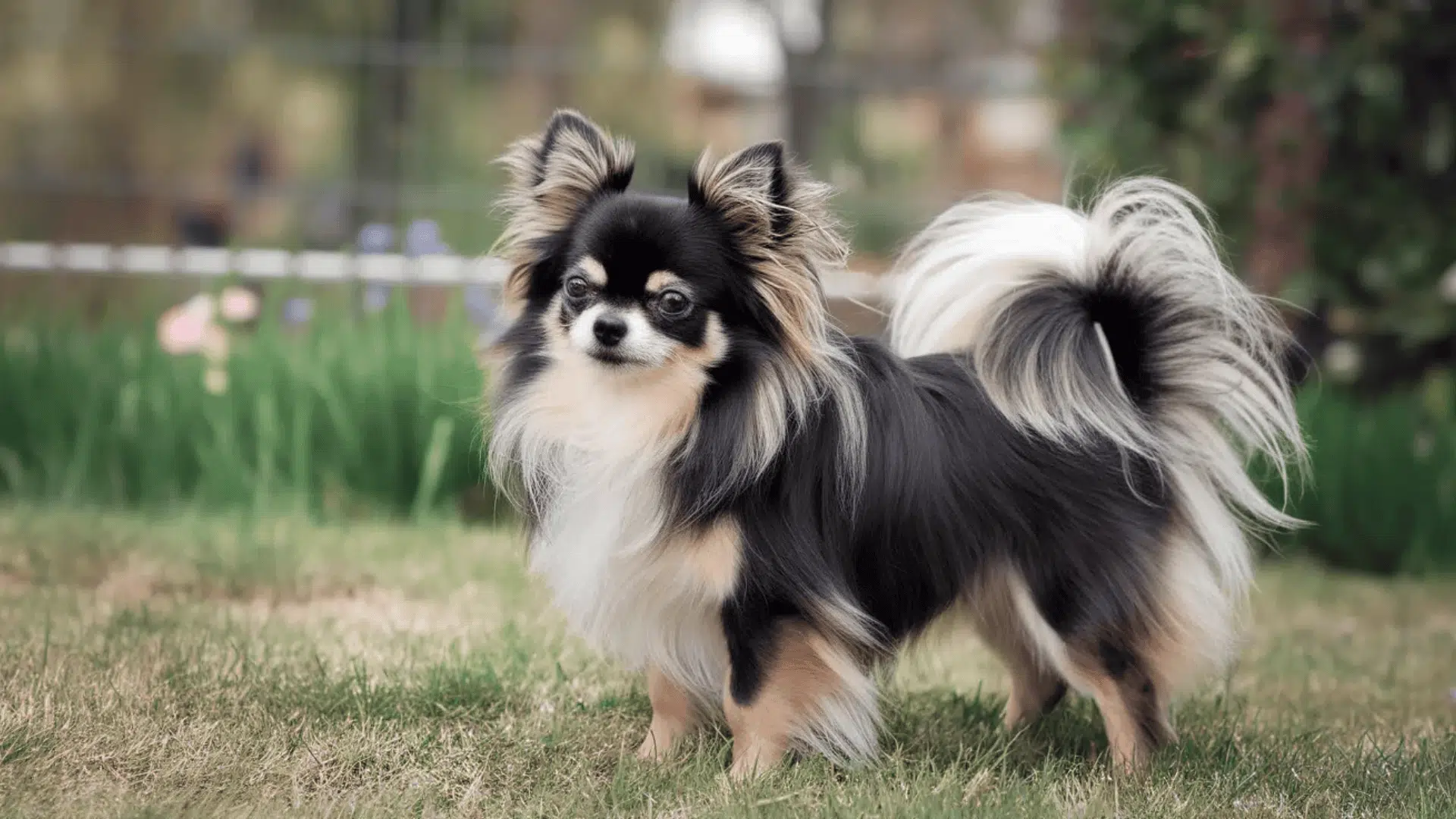 A long-haired black and tan Chihuahua stands outdoors on grass, with garden plants.