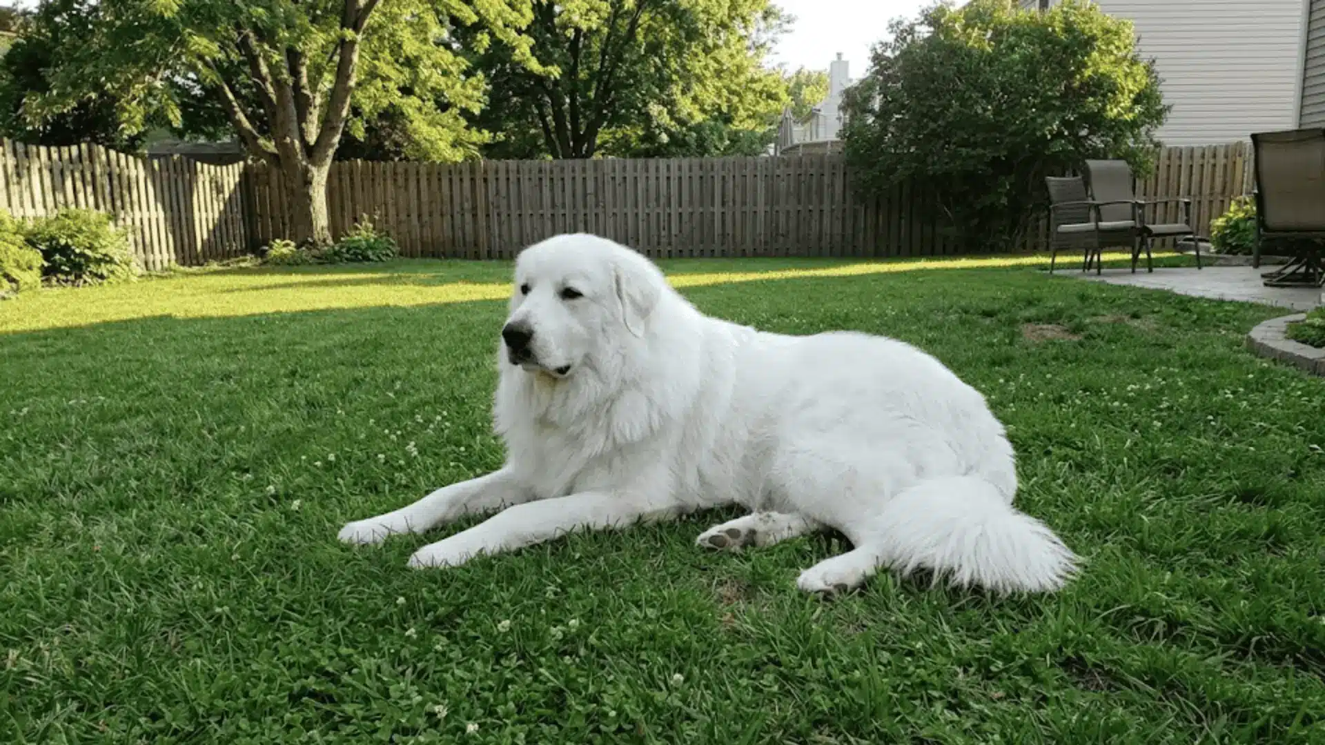 A majestic white Great Pyrenees dog relaxes while lying down on the green grass of a fenced-in sunny backyard