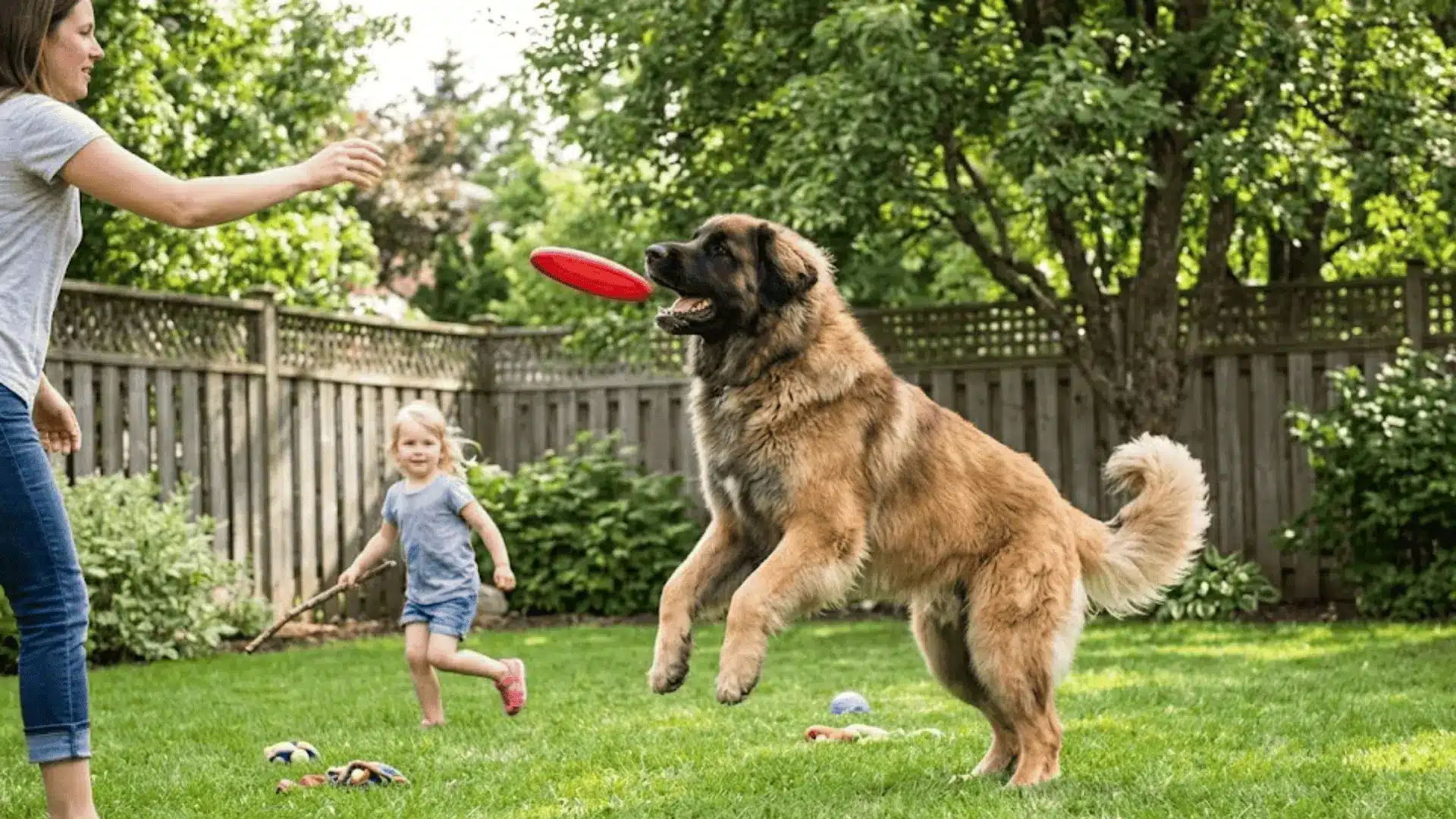 A massive Leonberger dog leaps into the air to catch a red frisbee while playing with a family in a backyard