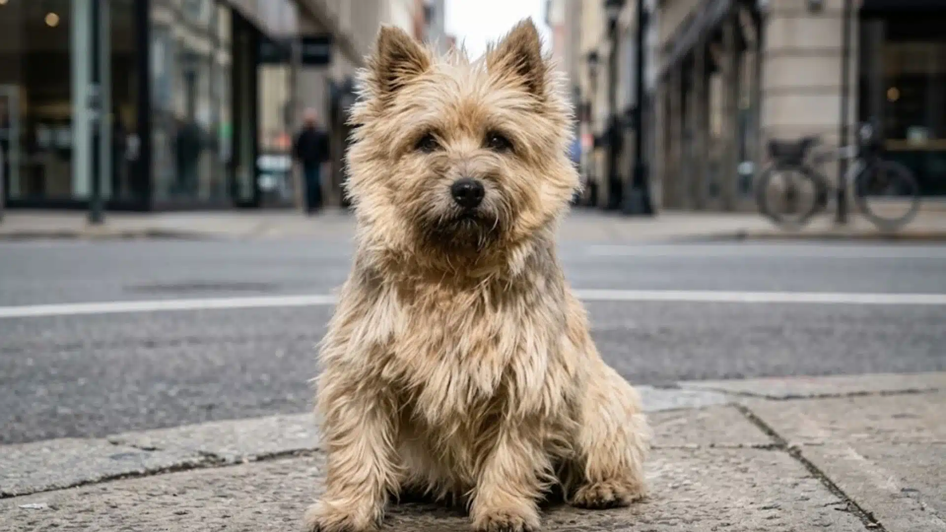 A medium shot of a scruffy Cairn Terrier sitting on a street corner with shops and pedestrians
