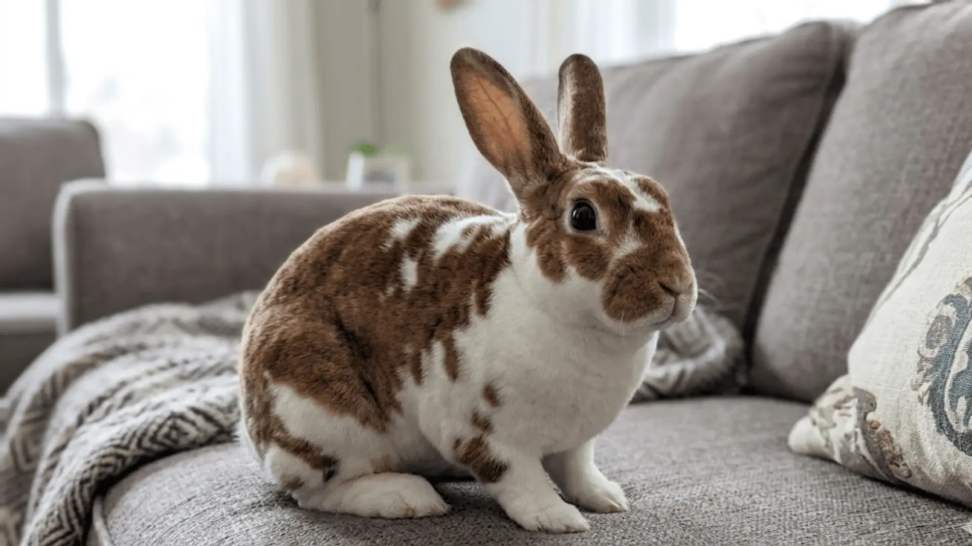 A plush-coated, brown and white spotted Mini Rex rabbit sitting on a grey fabric sofa
