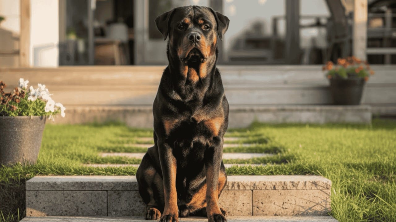 A powerful Rottweiler sitting at the base of stone backyard stairs leading to a glass door