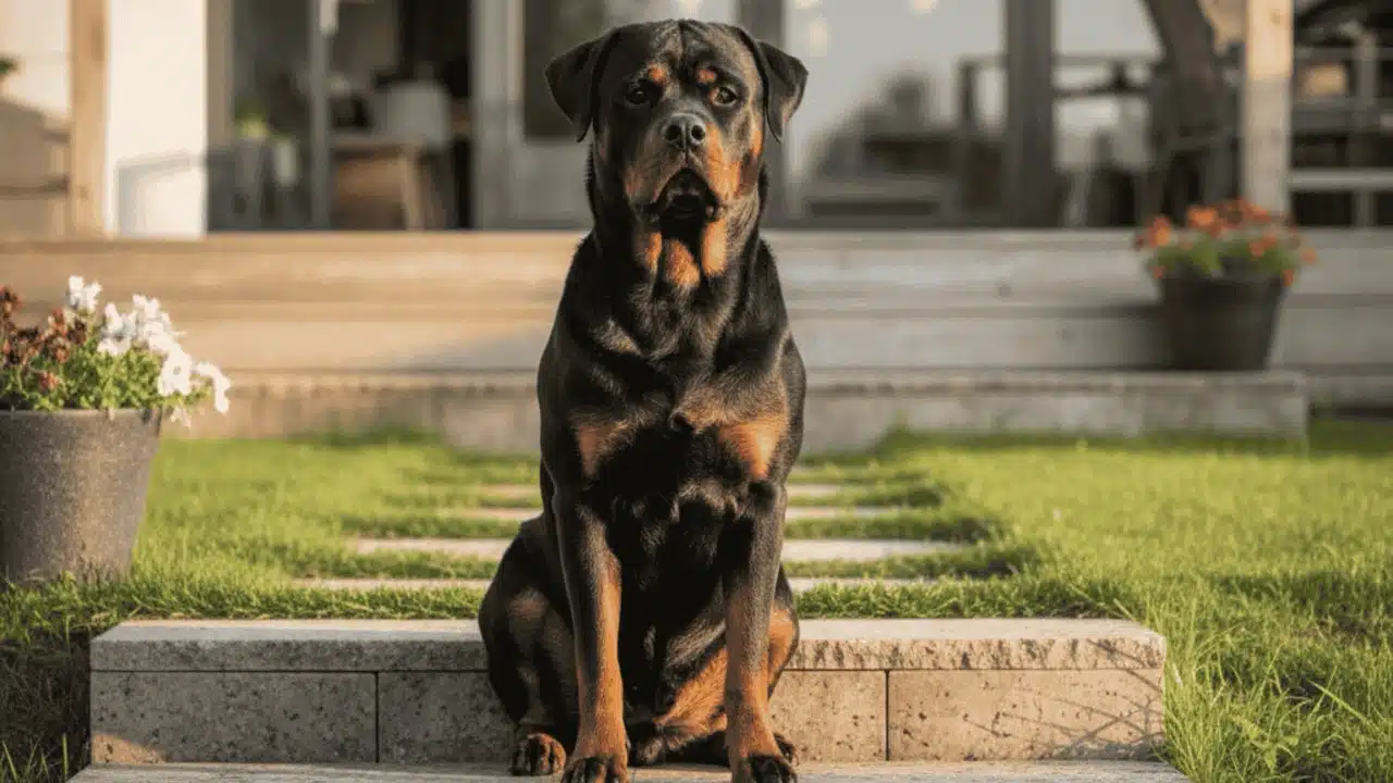 A powerful Rottweiler sitting at the base of stone backyard stairs leading to a glass door