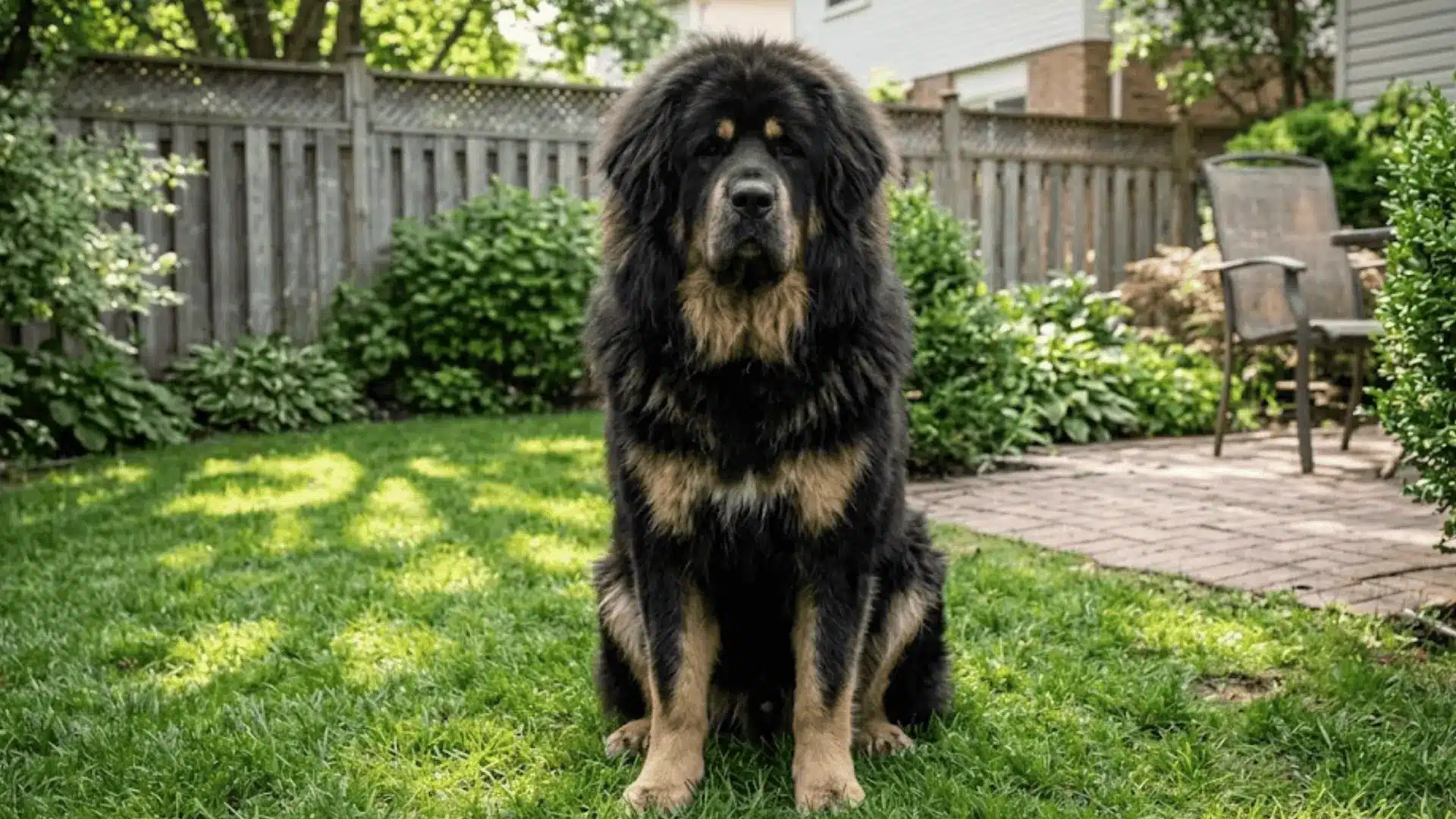 A powerful black and tan Tibetan Mastiff sits attentively on a green lawn in a bright, suburban backyard setting