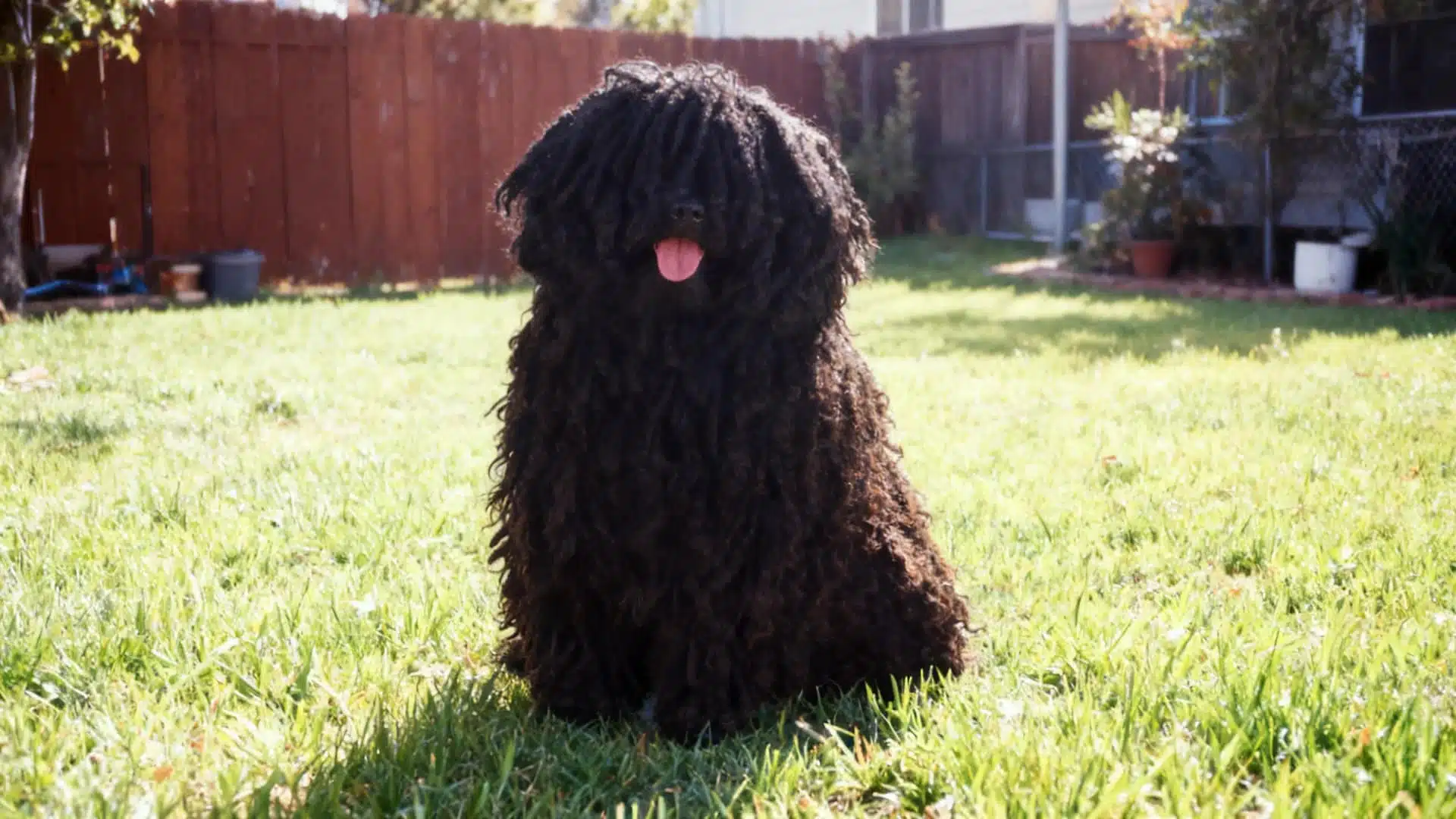 A puli Dog breed sitting in a grassy meadow backyard lawn