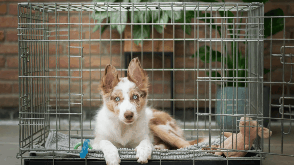 A puppy comfortably resting in a crate with a toy beside it