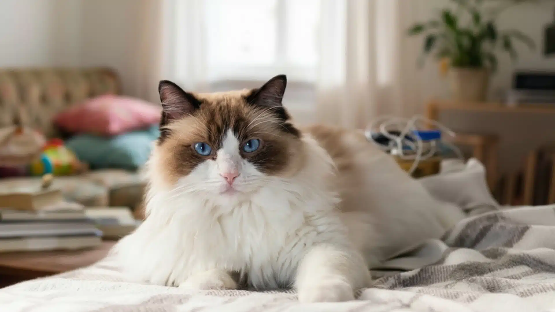 A ragdoll cat with blue eyes sits on a cream-colored rug in a living room