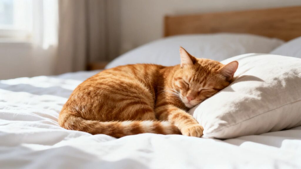 A relaxed orange tabby cat sleeping peacefully on a white bed