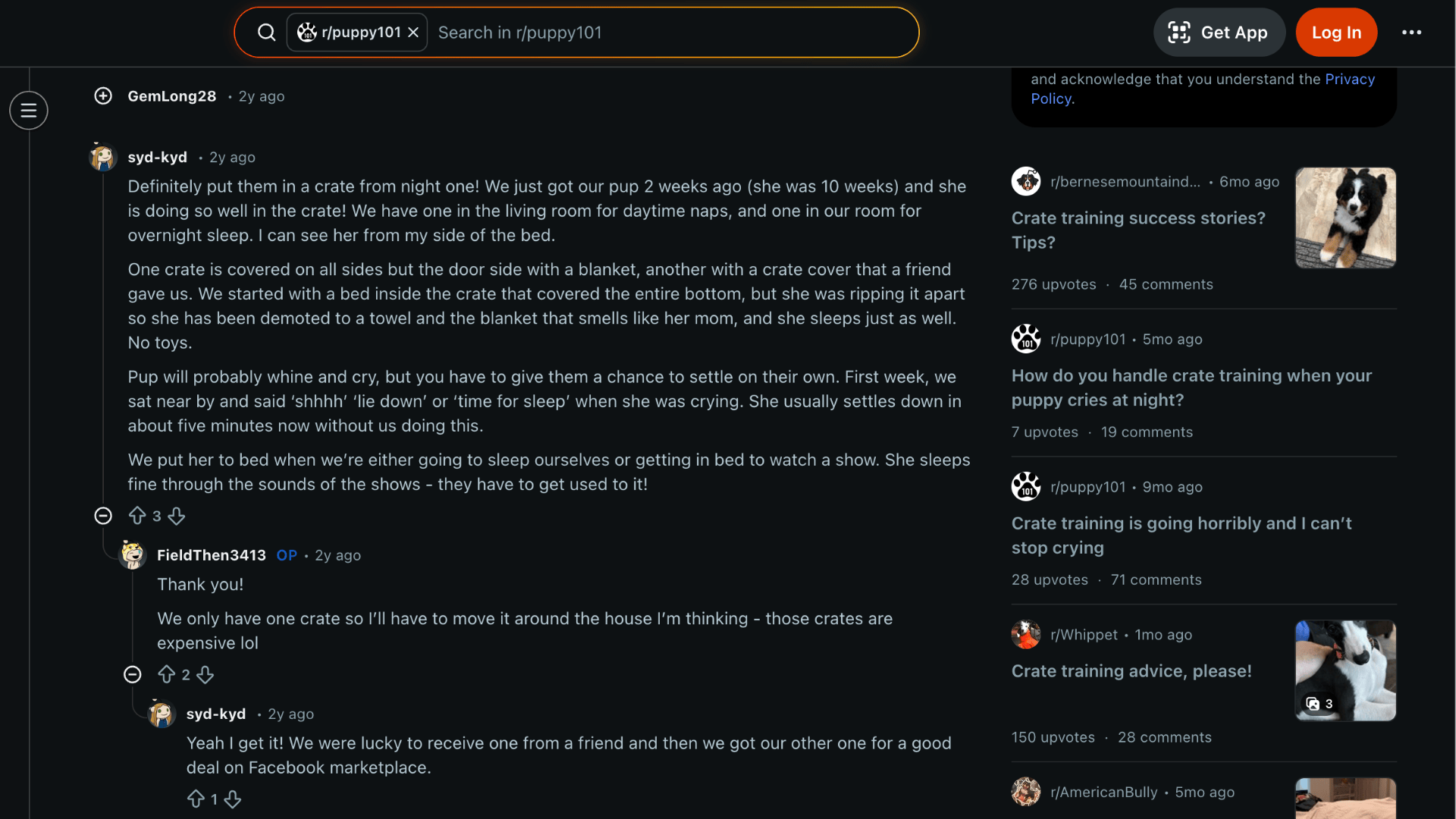 A screenshot of discussion on crate training at night on reddit