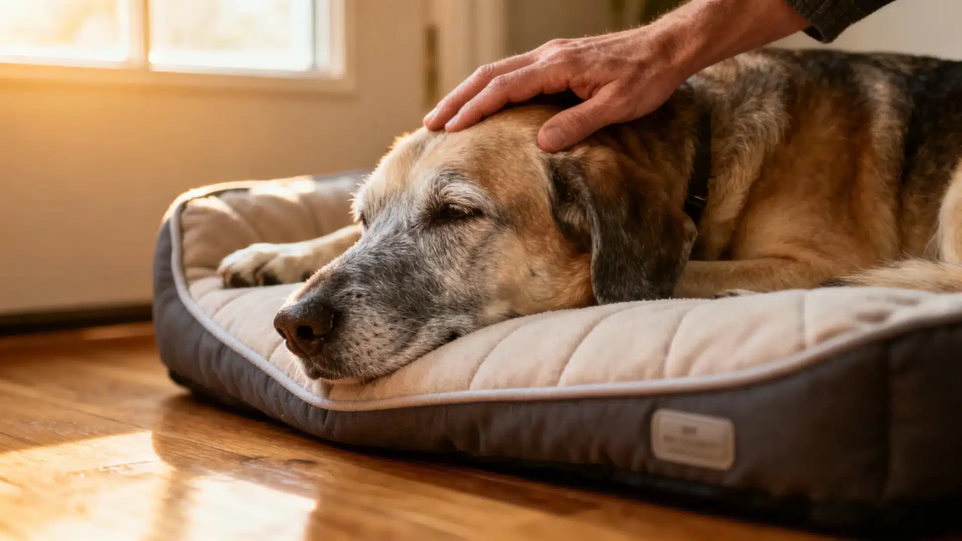 A senior dog with a slightly grey muzzle resting comfortably on an orthopedic dog bed while the owner gently pets it