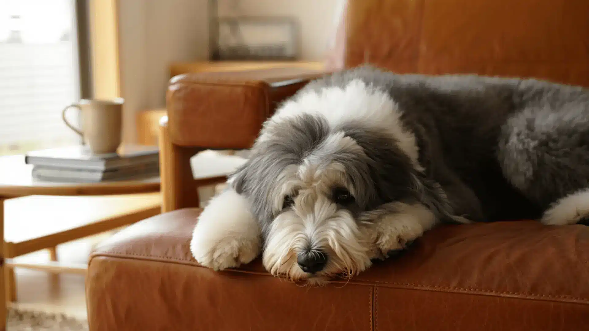 A shaggy grey and white Old English Sheepdog rests its head on a tan leather sofa in a bright living room
