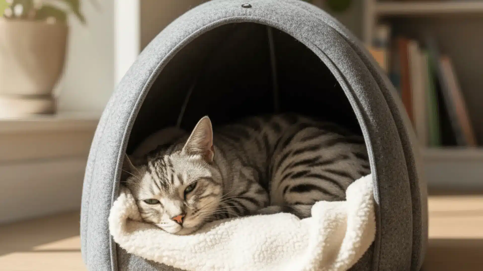 A silver Bengal cat curled up and resting inside a cozy, grey dome-shaped felt cat bed on a sunlit floor