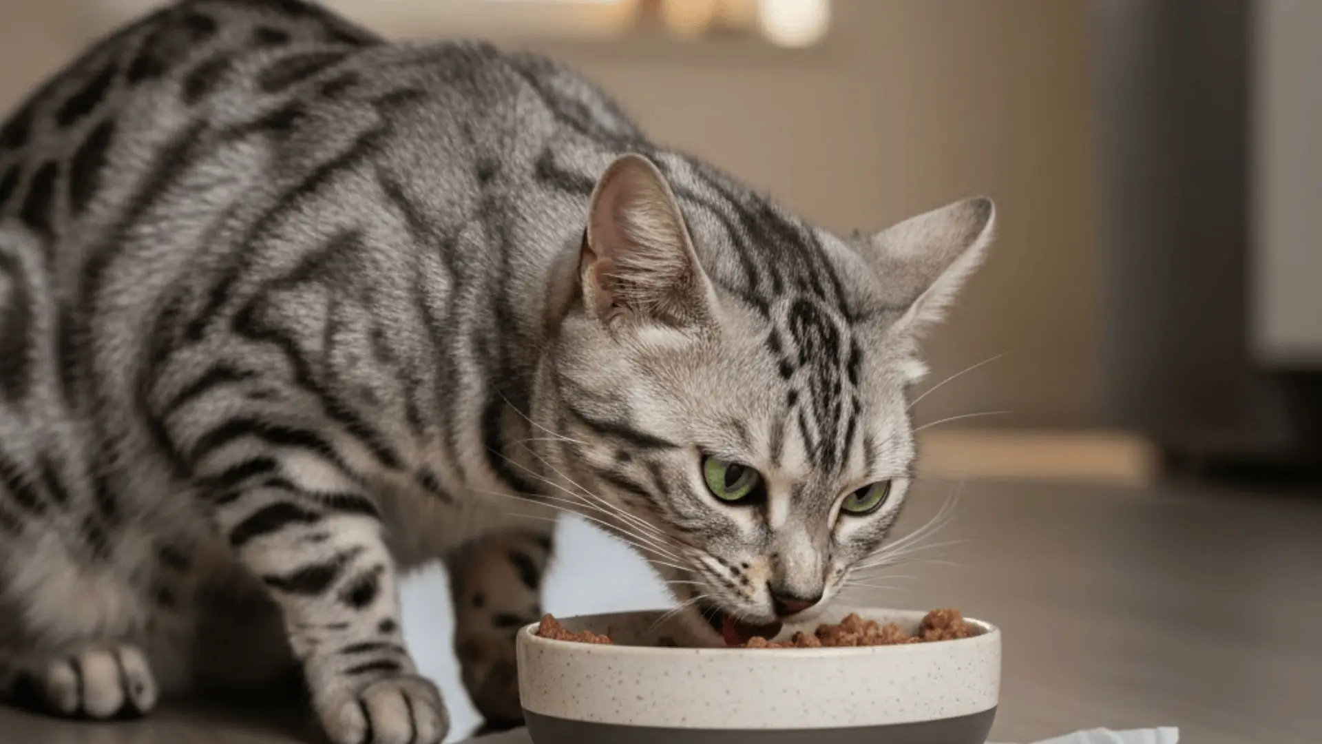 A silver Bengal cat leaning down to eat wet food from a modern ceramic bowl placed on a wooden floor