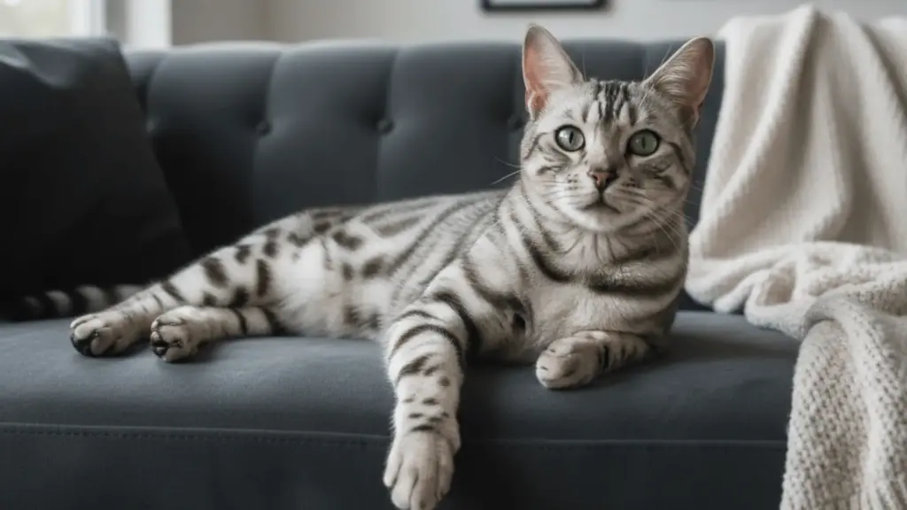 A silver Bengal cat with striking green eyes lounging comfortably on a dark grey tufted sofa next to a white knit blanket