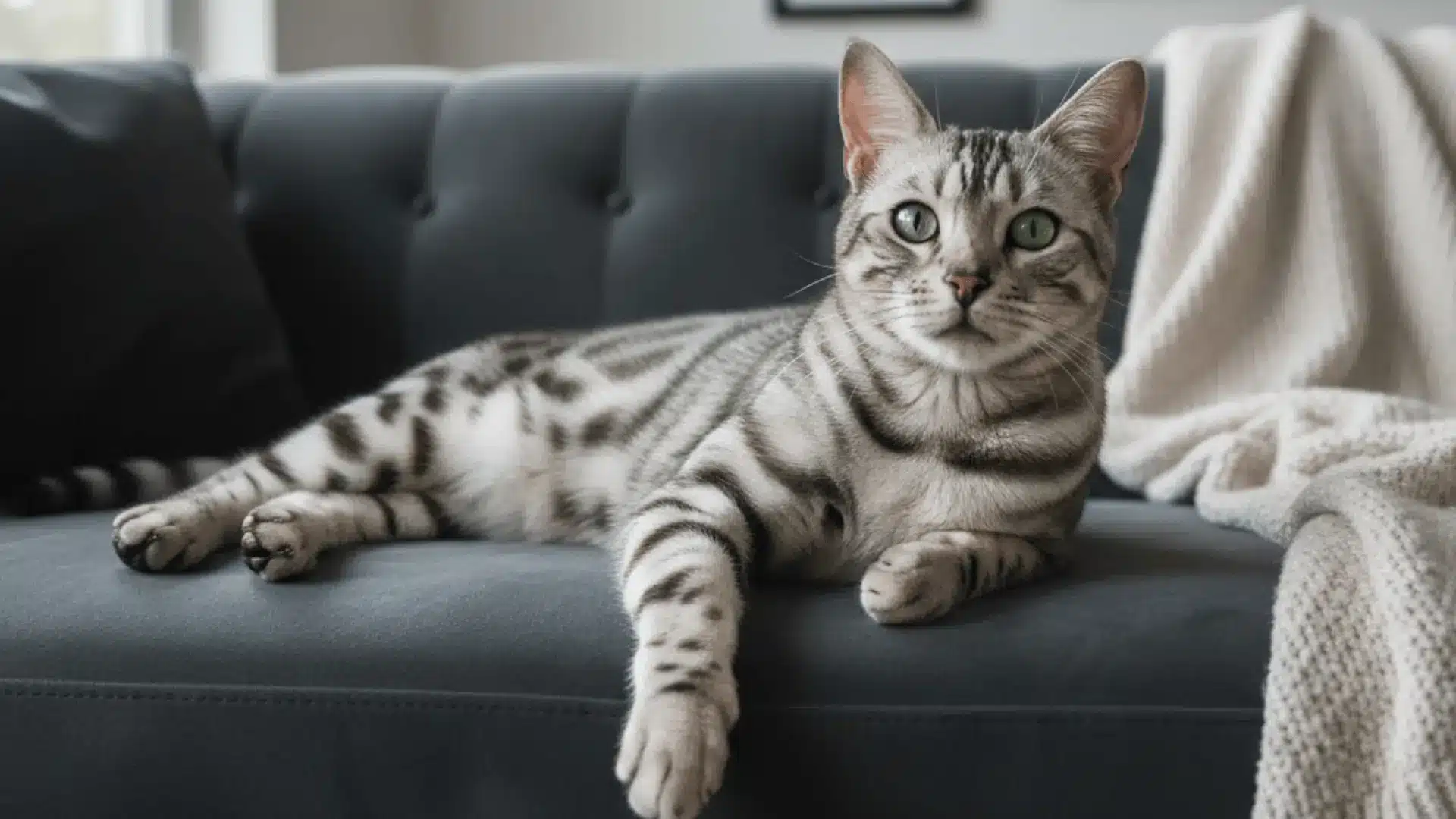 A silver Bengal cat with striking green eyes lounging comfortably on a dark grey tufted sofa next to a white knit blanket