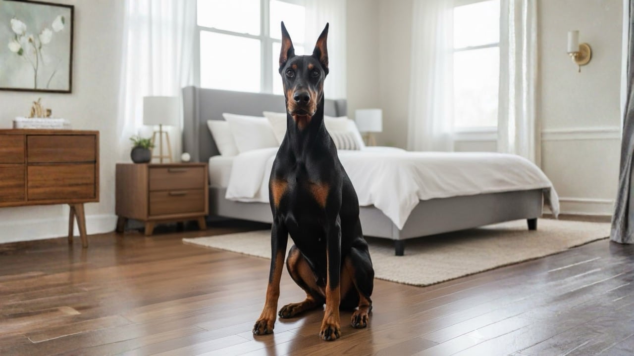 A sleek Doberman Pinscher sitting alertly on a wooden floor in front of a white bed