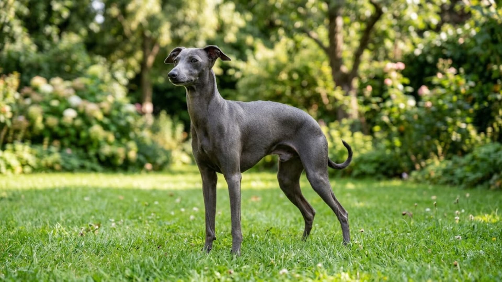 A sleek gray Italian Greyhound standing on green grass in a park