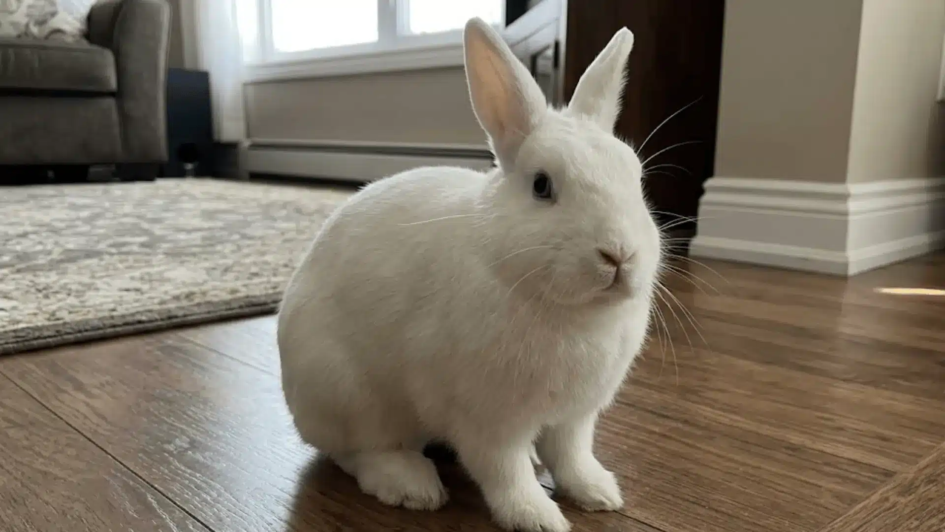 A sleek white Polish rabbit with upright ears sitting alertly on a wooden floor in a living room