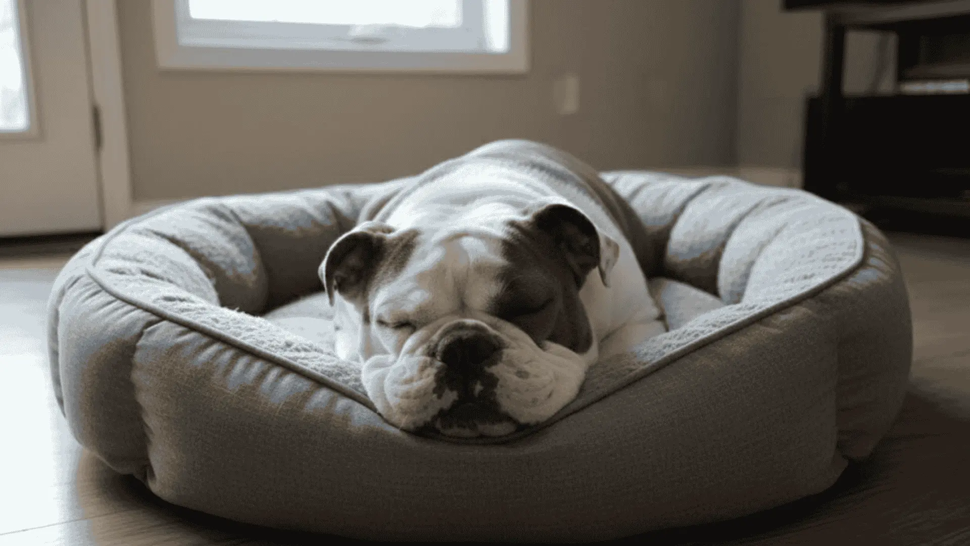 A sleeping bulldog is curled up in a cozy, grey pet bed on a wooden floor. The room appears calm and softly lit, creating a peaceful ambiance