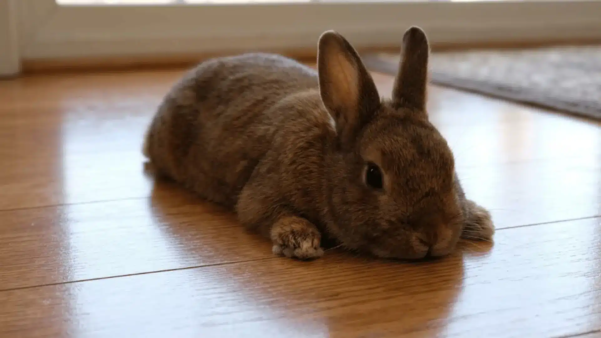 A slender brown Britannia Petite rabbit laying down on a sunlit wooden floor.